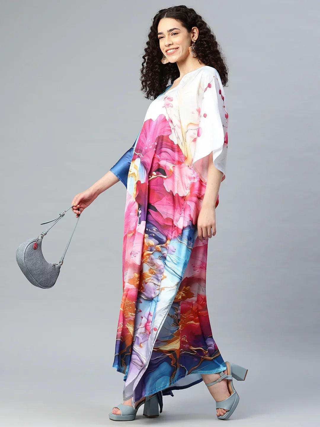 Long multicolour printed satin kaftan design 4 side view — resort cover-up women