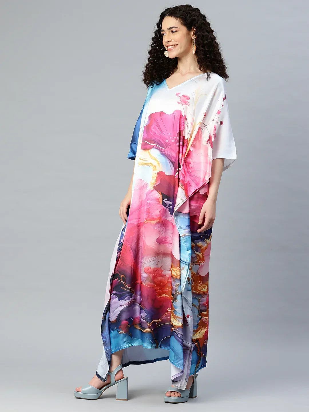 Vibrant multiprint satin kaftan design 4 full length — beach pool women free size M to 3XL