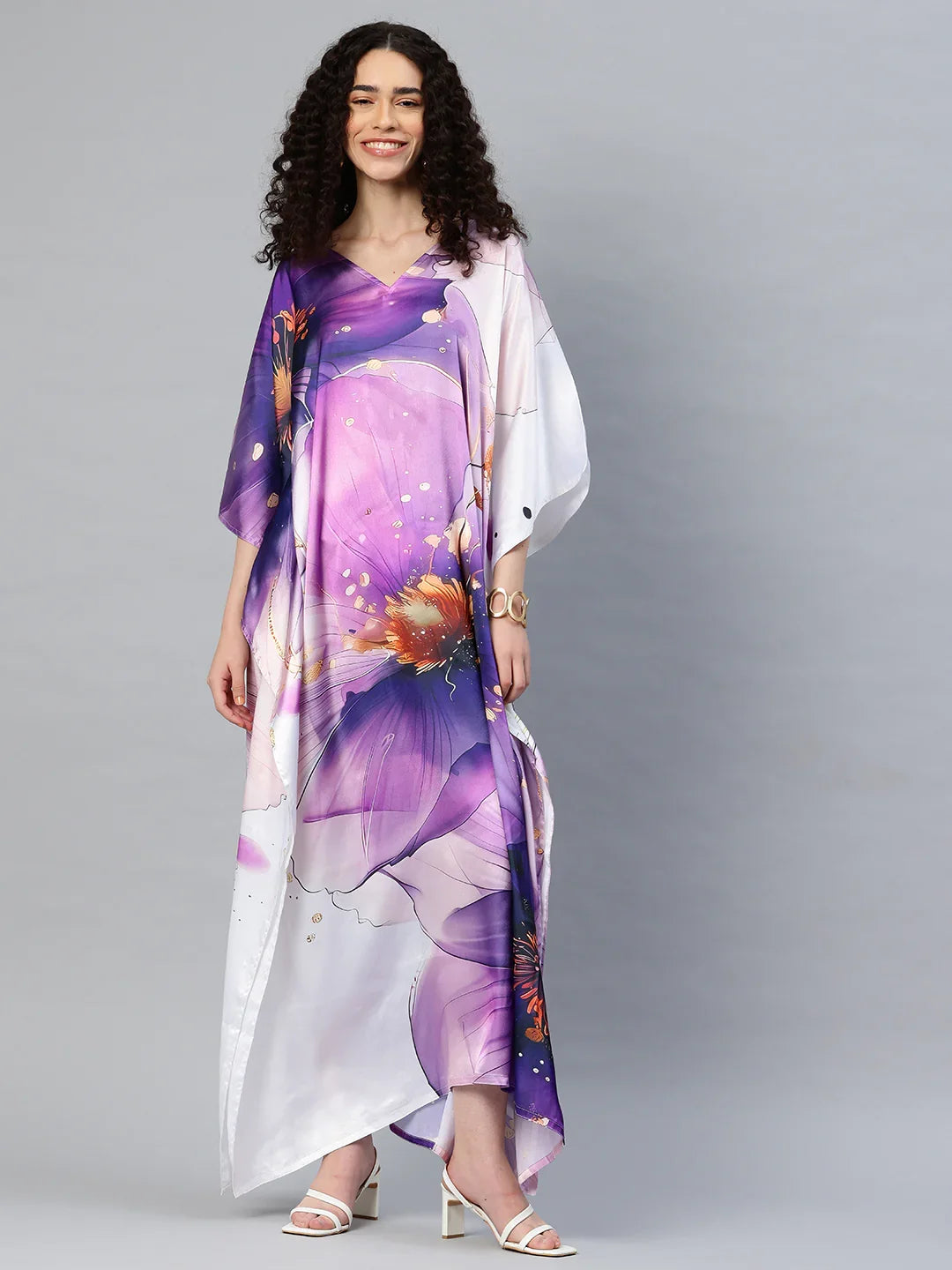 Multicolour printed long satin kaftan V-neck design 5 — women's vibrant beach cover-up free size