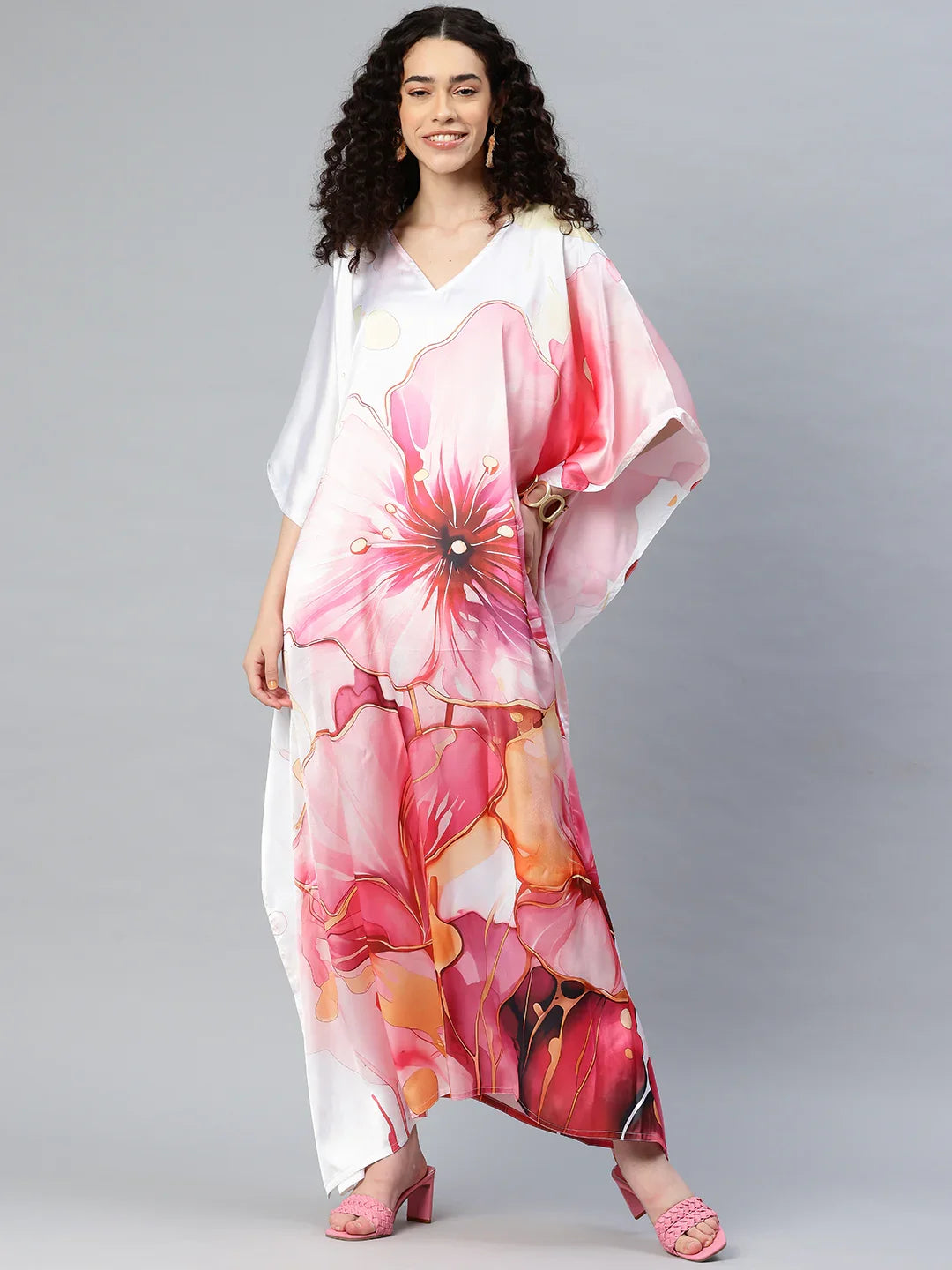 Multicolour printed long satin kaftan V-neck design 7 — women's original vibrant beach cover-up