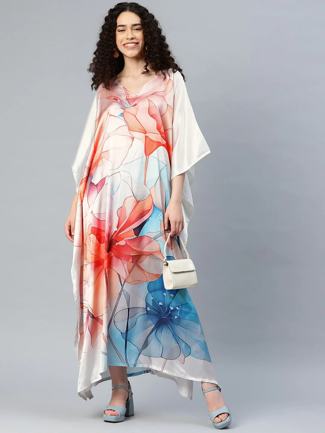 Multicolour printed long satin kaftan with V-neck — women's vibrant beach cover-up free size