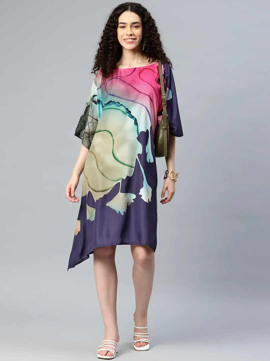 Multicolour printed short kaftan kurti boat neck print 129 — women's festive casual free size