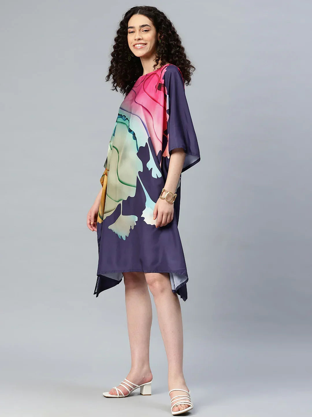 Printed georgette short kaftan kurti print 129 side view — free size women India