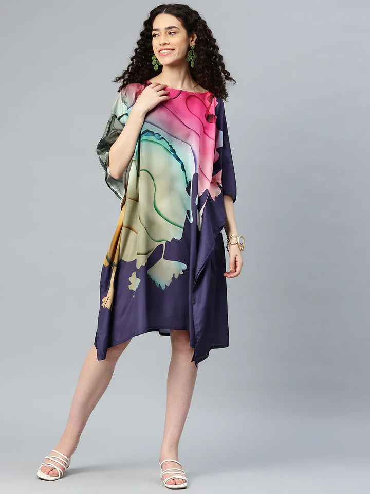 Multicolour boat neck kaftan kurti print 129 full view — women festive ethnic wear India