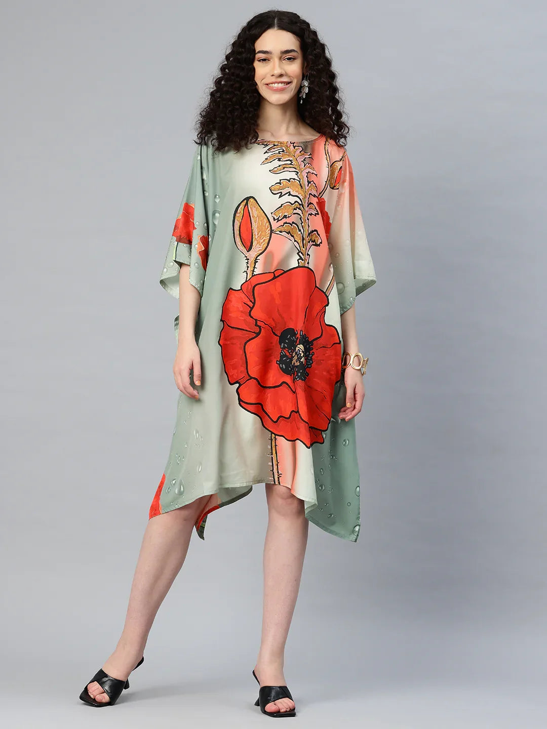 Multicolour boat neck kaftan kurti print 118 full view — women festive casual India