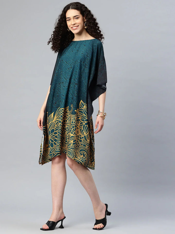 Multicolour boat neck kaftan kurti print 127 full view — women festive casual India