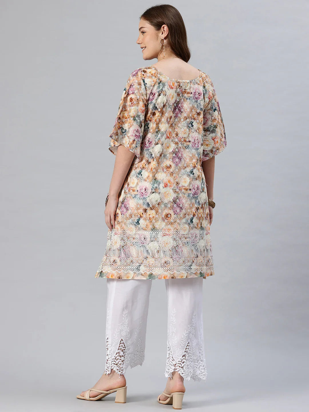 Mustard embroidered kaftan kurta back view — white thread embroidery on hem | SWI Stylish