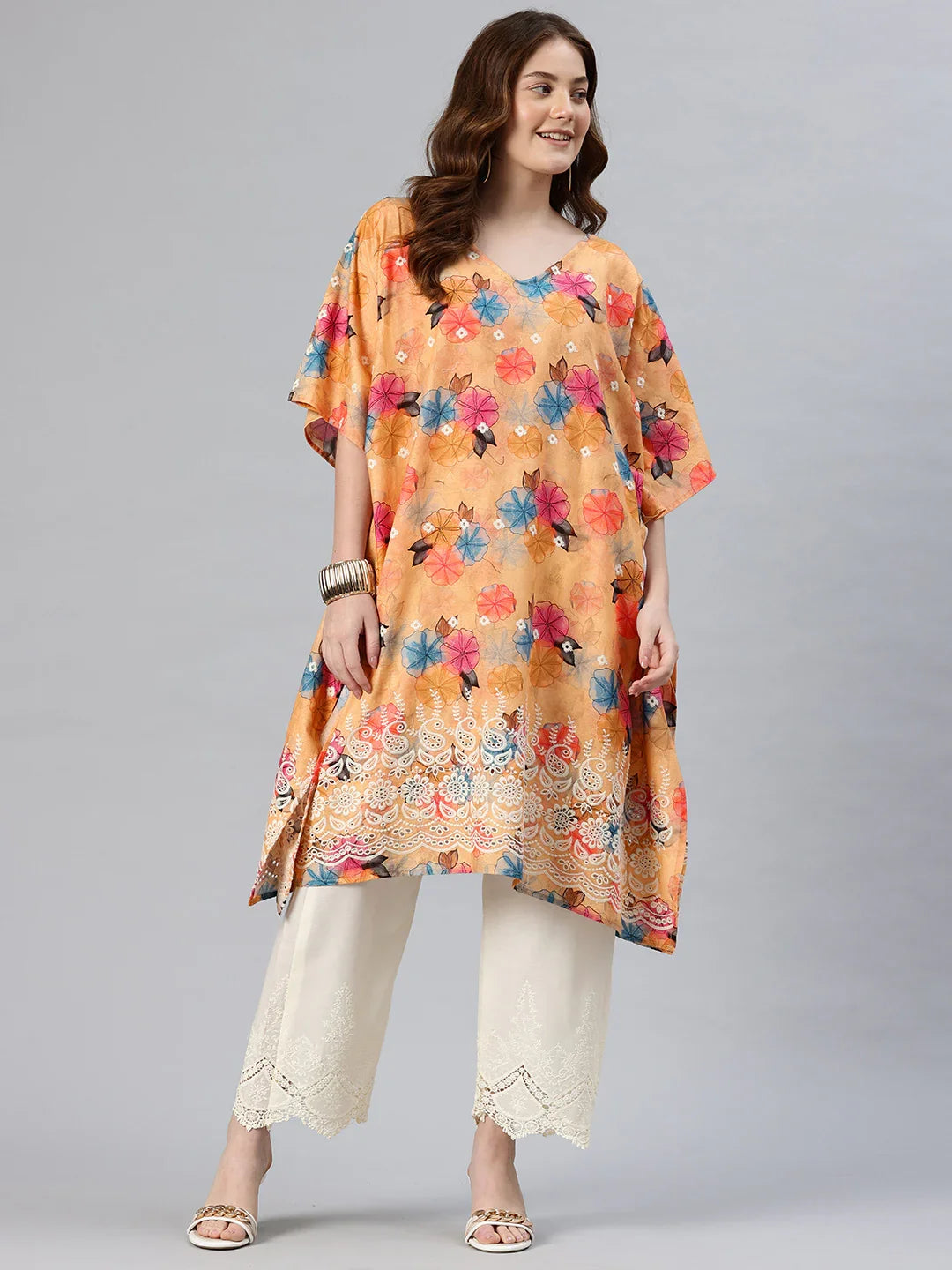 Mustard embroidered pure cotton kaftan kurta with cream embroidered palazzo — women's free size | SWI Stylish