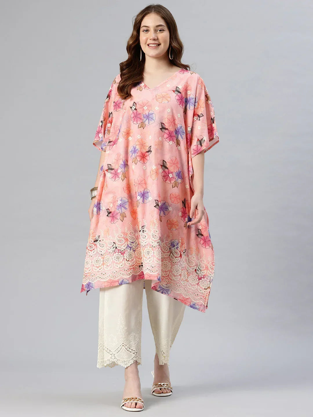 Soft pink embroidered pure cotton kaftan kurta with cream embroidered palazzo — women's free size | SWI Stylish