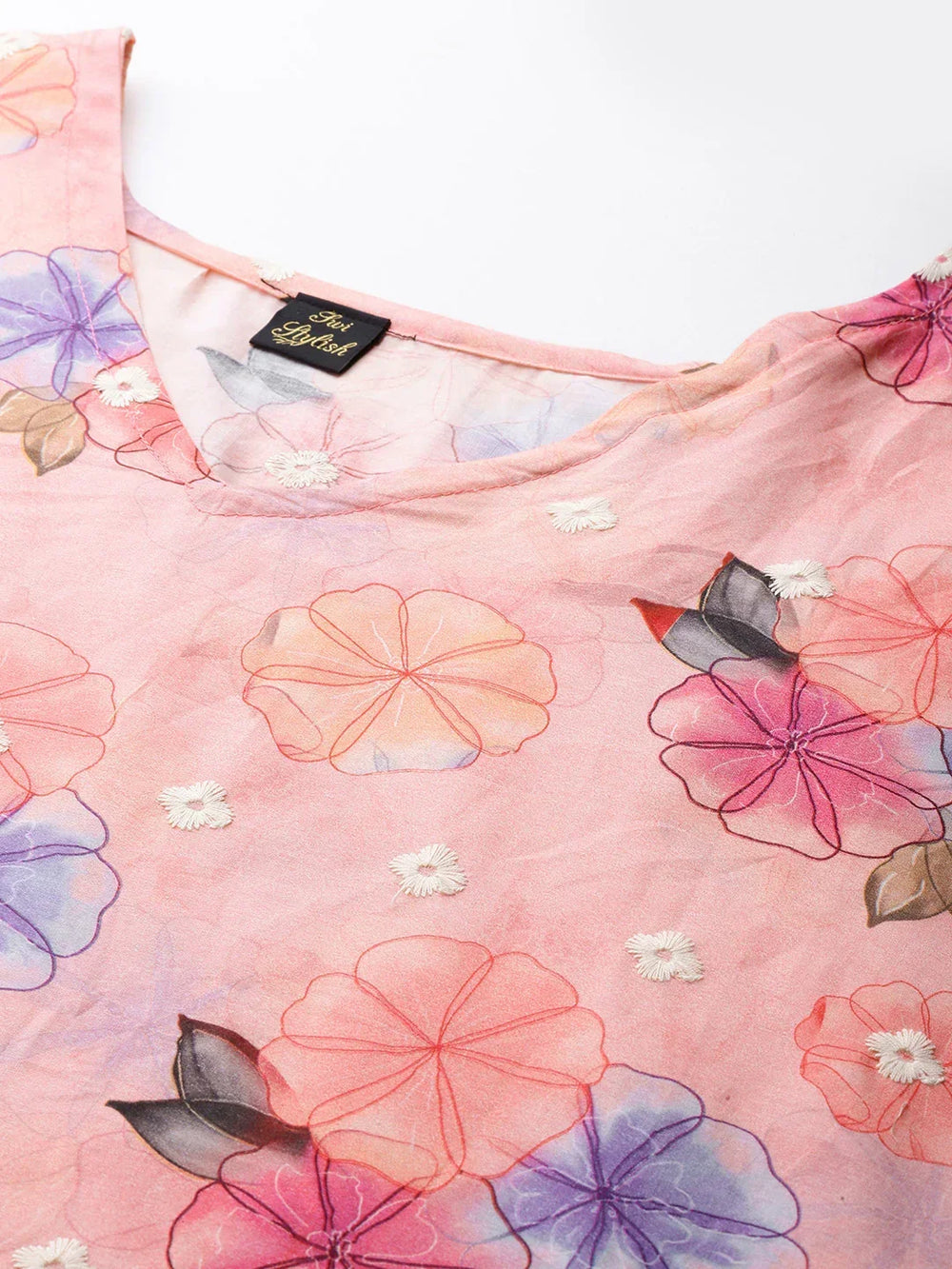 Pink cotton kaftan kurta front view — delicate thread embroidery on neckline and hem | SWI Stylish