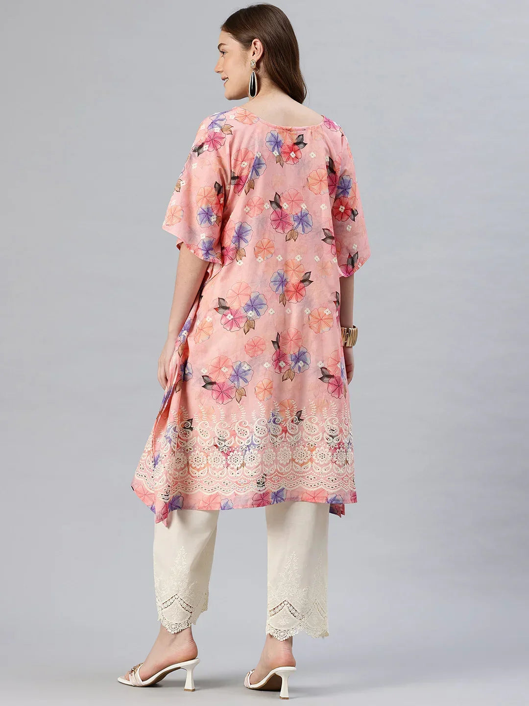 Pink kaftan kurta back view — cream embroidery hem detail SWI Stylish | SWI Stylish