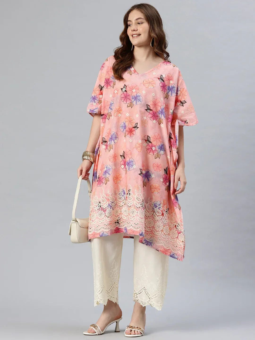 Soft pink kaftan kurta — batwing sleeves and adjustable waist drawstring detail | SWI Stylish