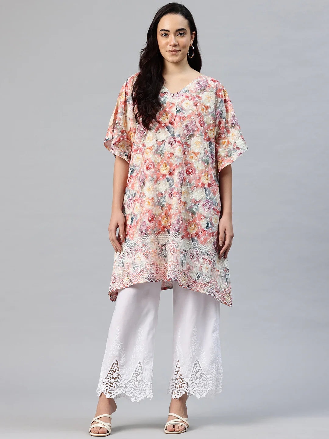 Pink pure cotton embroidered kaftan kurta with white embroidered palazzo set — women's free size ethnic wear