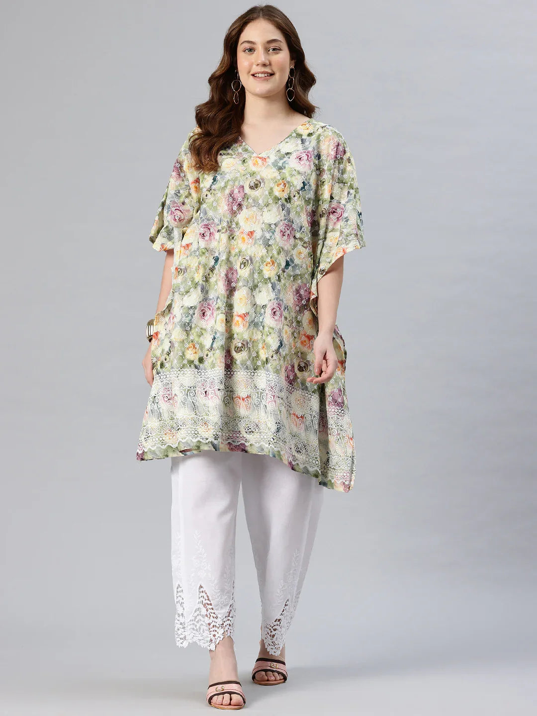 Pista green embroidered pure cotton kaftan kurta with white embroidered palazzo — women's free size | SWI Stylish