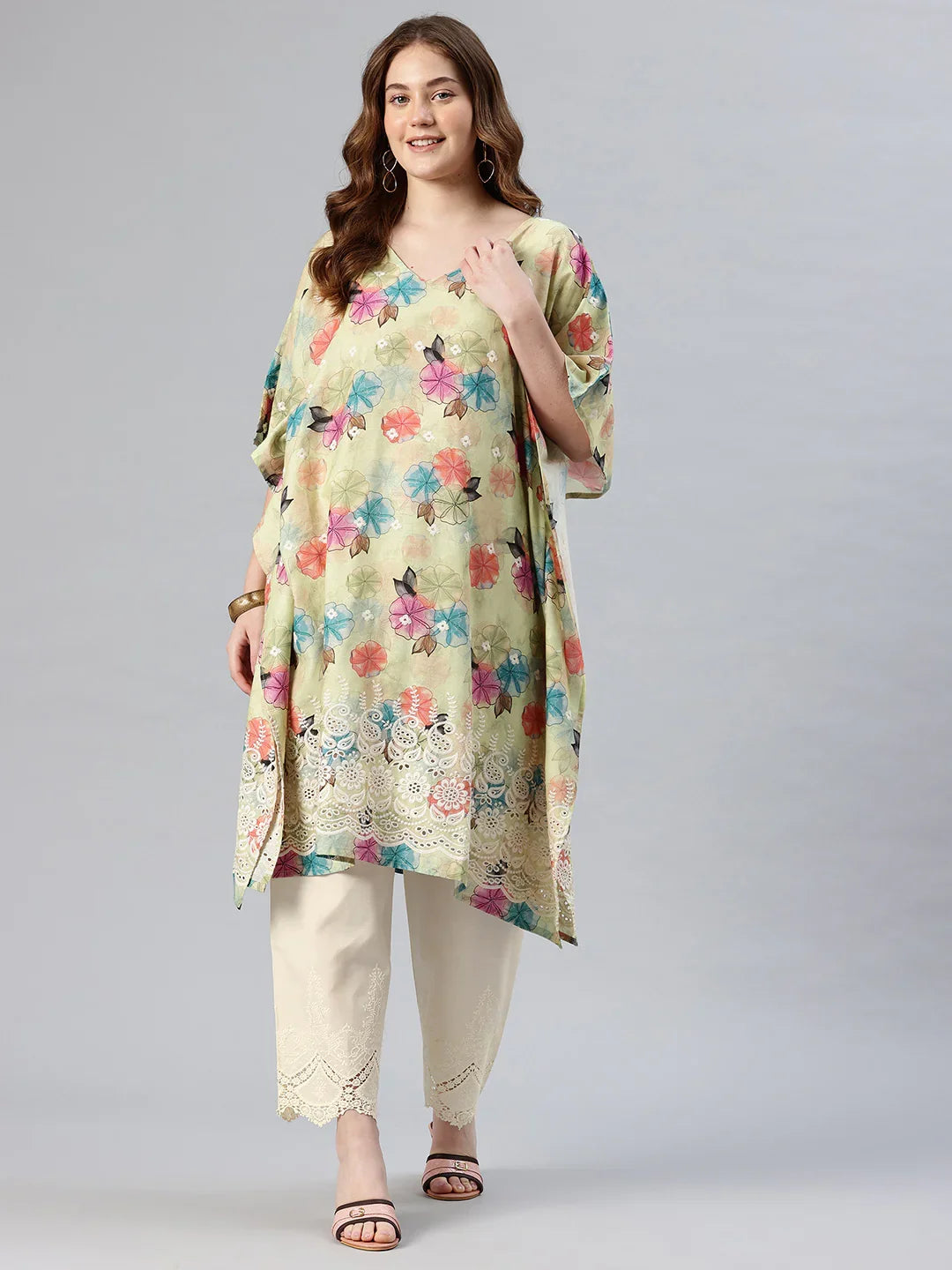 Pista green embroidered pure cotton kaftan kurta with cream embroidered palazzo — women's free size | SWI Stylish