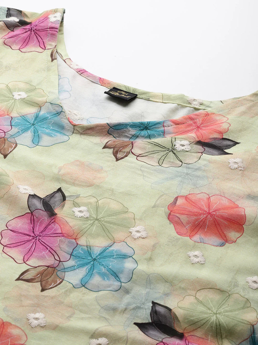 Pista green cotton kaftan kurta front view — thread embroidery on neckline and hem detail | SWI Stylish