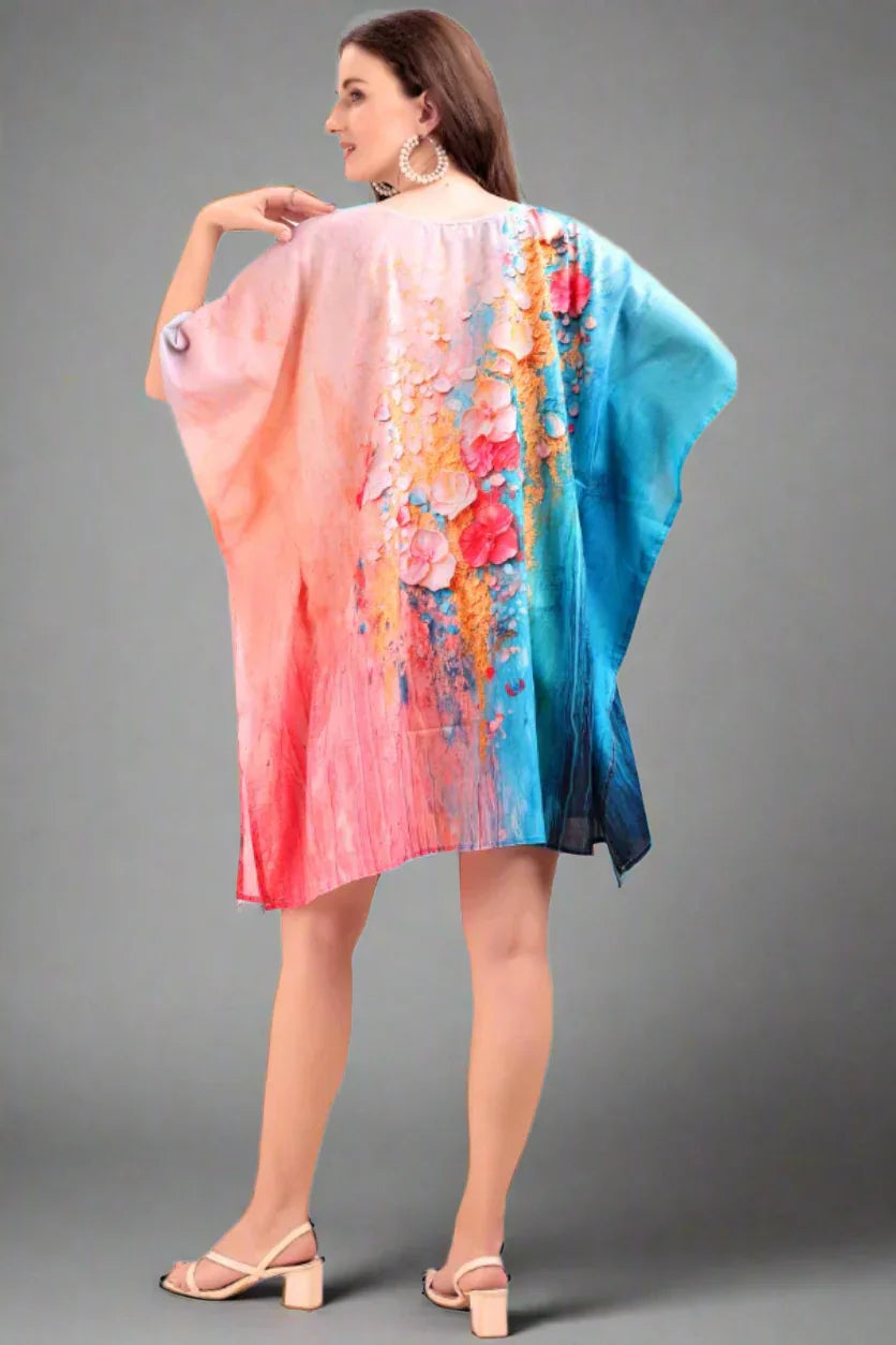 Women's short V-neck kaftan kurti in lightweight Georgette fabric — side view, perfect beach cover-up