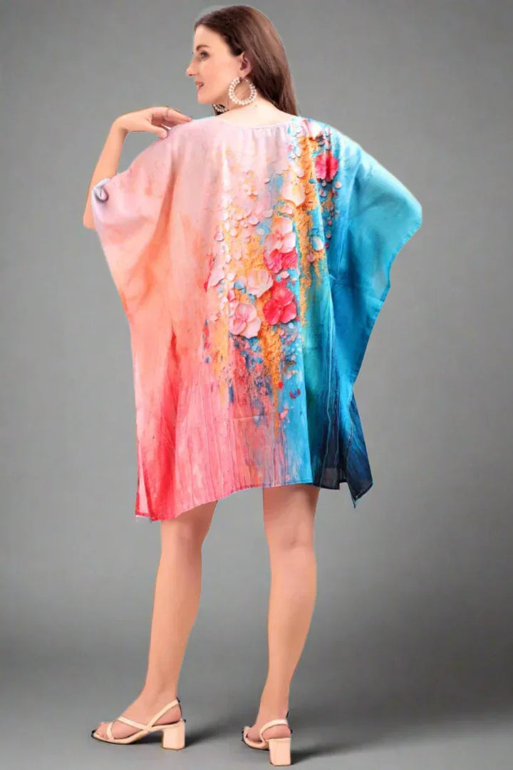 Women's short V-neck kaftan kurti in lightweight Georgette fabric — side view, perfect beach cover-up