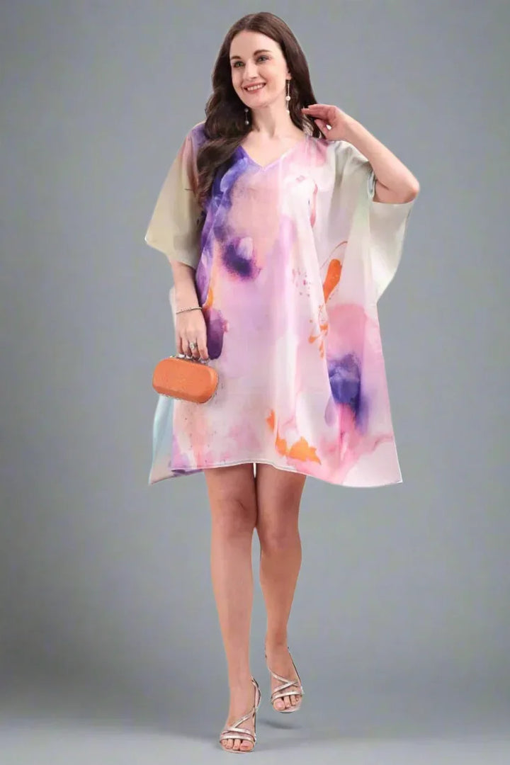 Printed georgette V-neck short kaftan kurti for women in vibrant digital print – free size M to 3XL
