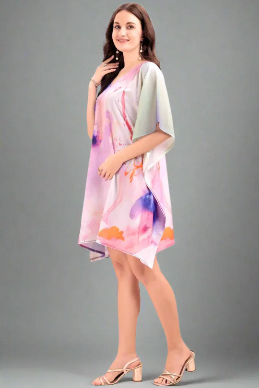 Close-up of premium Georgette fabric on women's printed V-neck short kaftan kurti – lightweight breathable