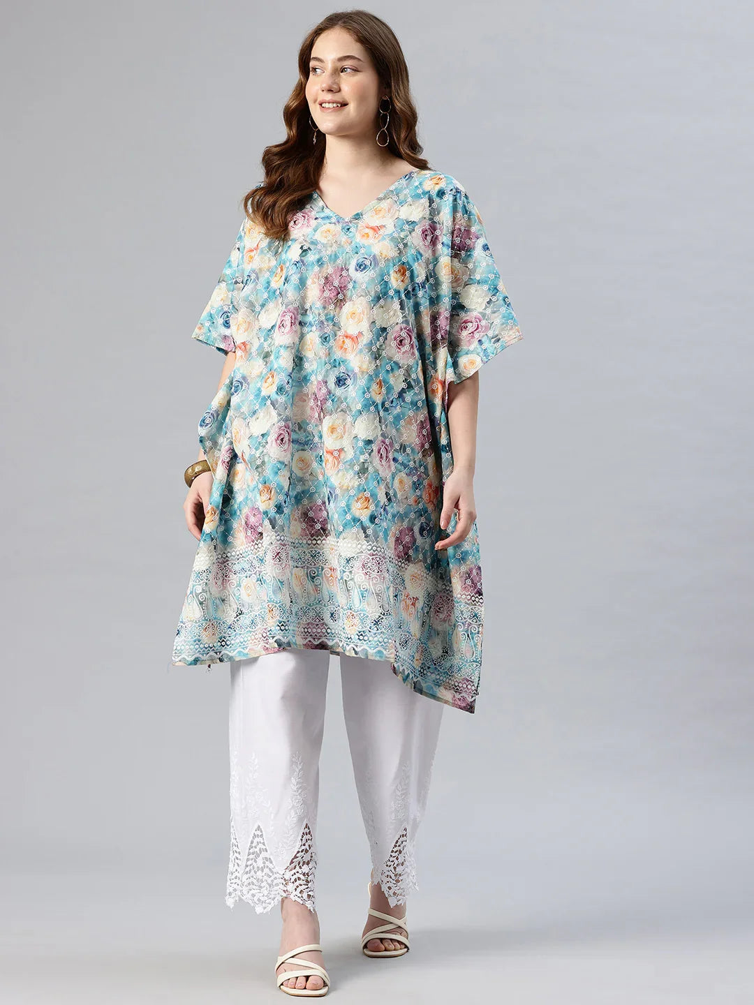 Turquoise blue embroidered pure cotton kaftan kurta with white embroidered palazzo — women's free size | SWI Stylish