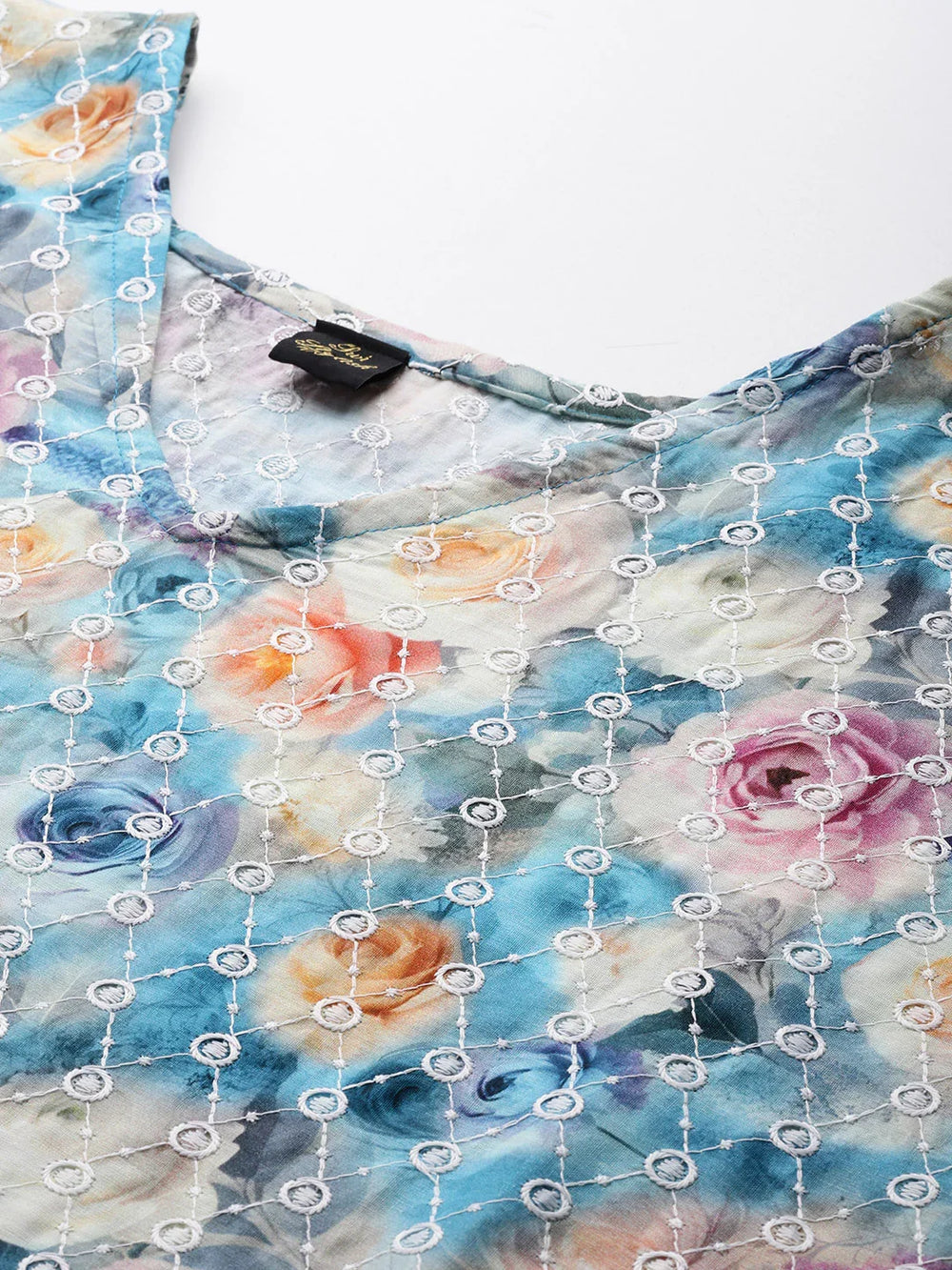 Turquoise cotton kaftan kurta front view — white thread embroidery on neckline and hem | SWI Stylish