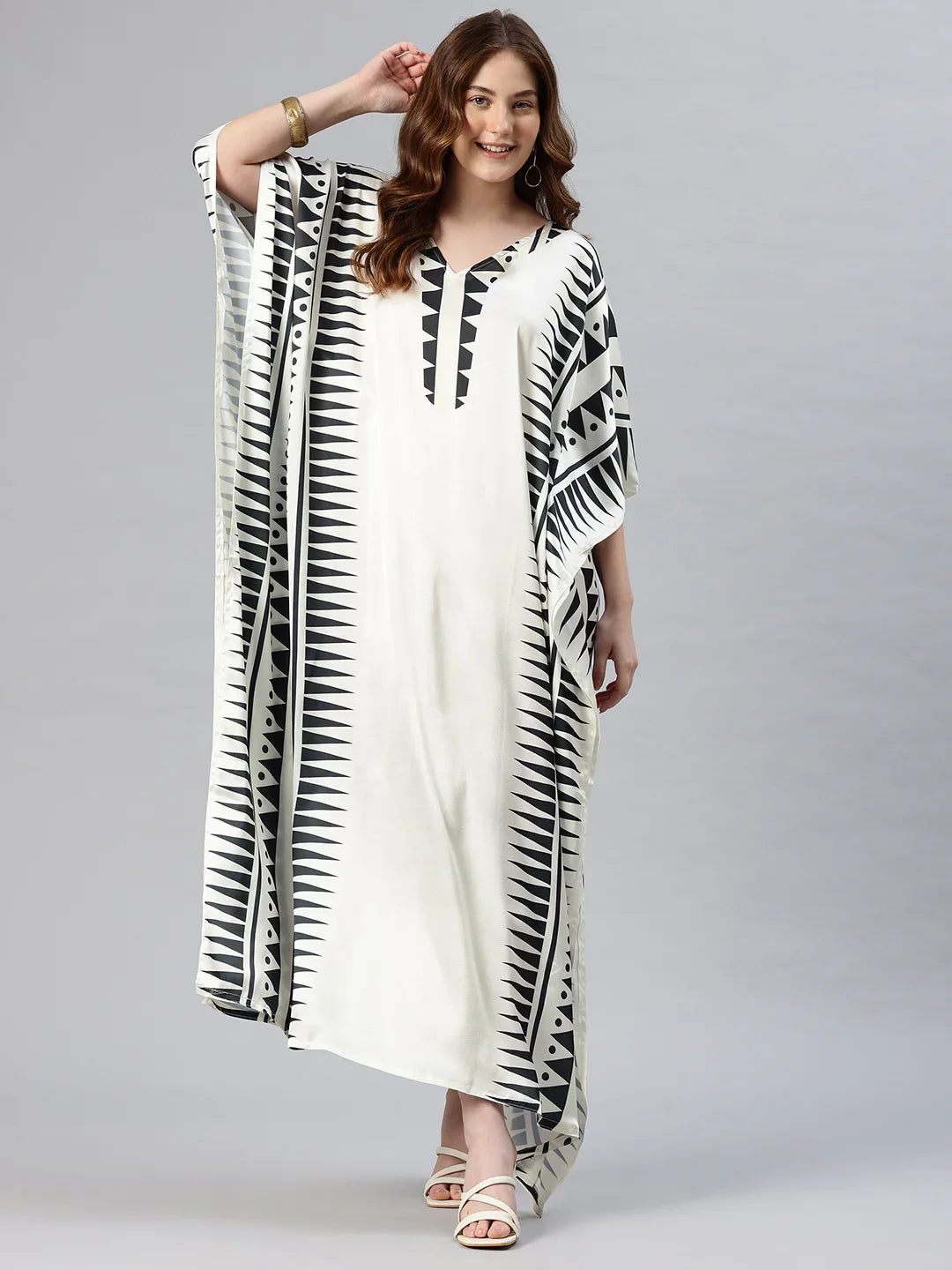 White printed long satin kaftan with V-neck — women's beach resort cover-up free size | SWI Stylish