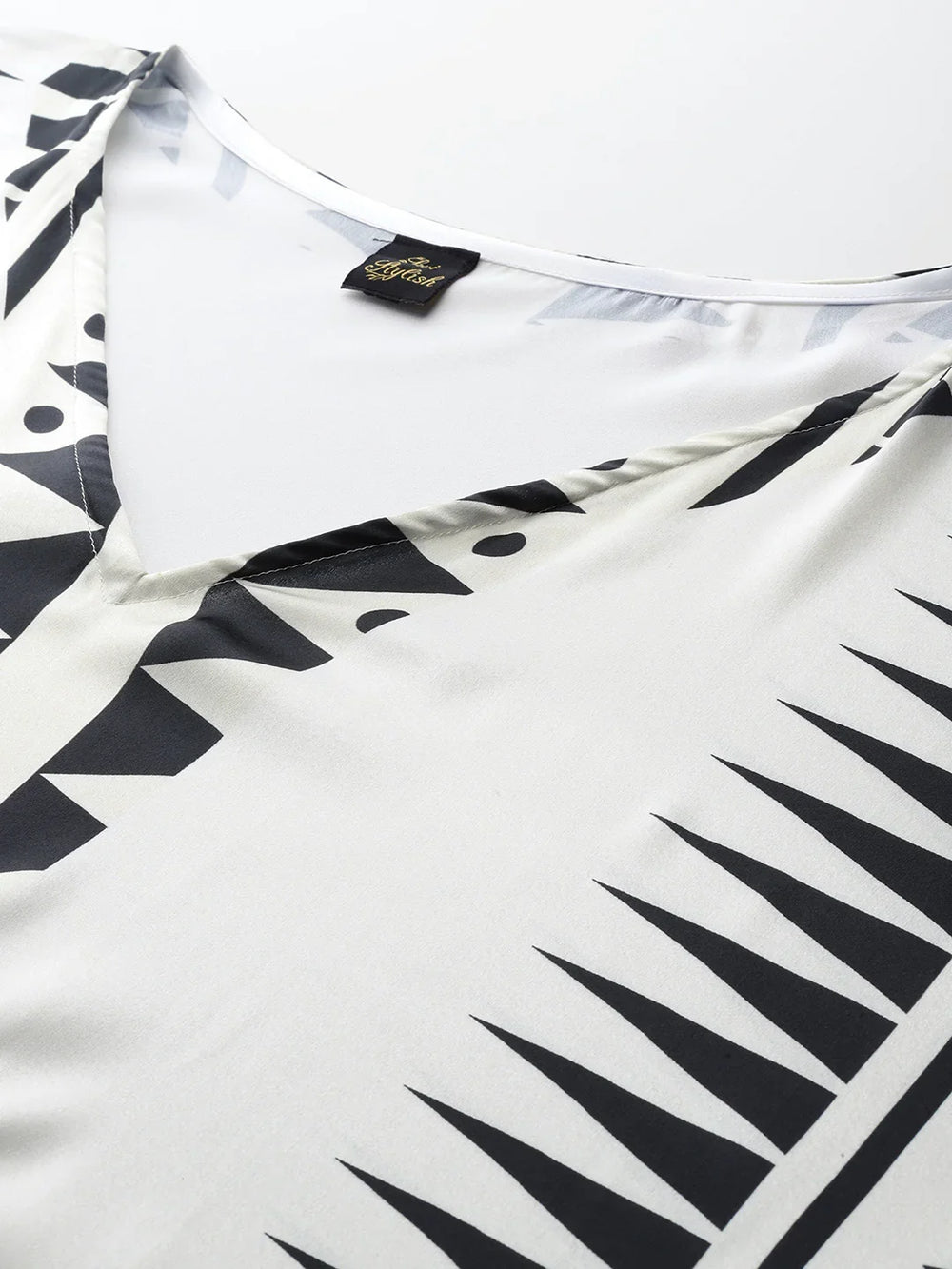 White digital print satin kaftan front view — V-neck neckline detail women | SWI Stylish