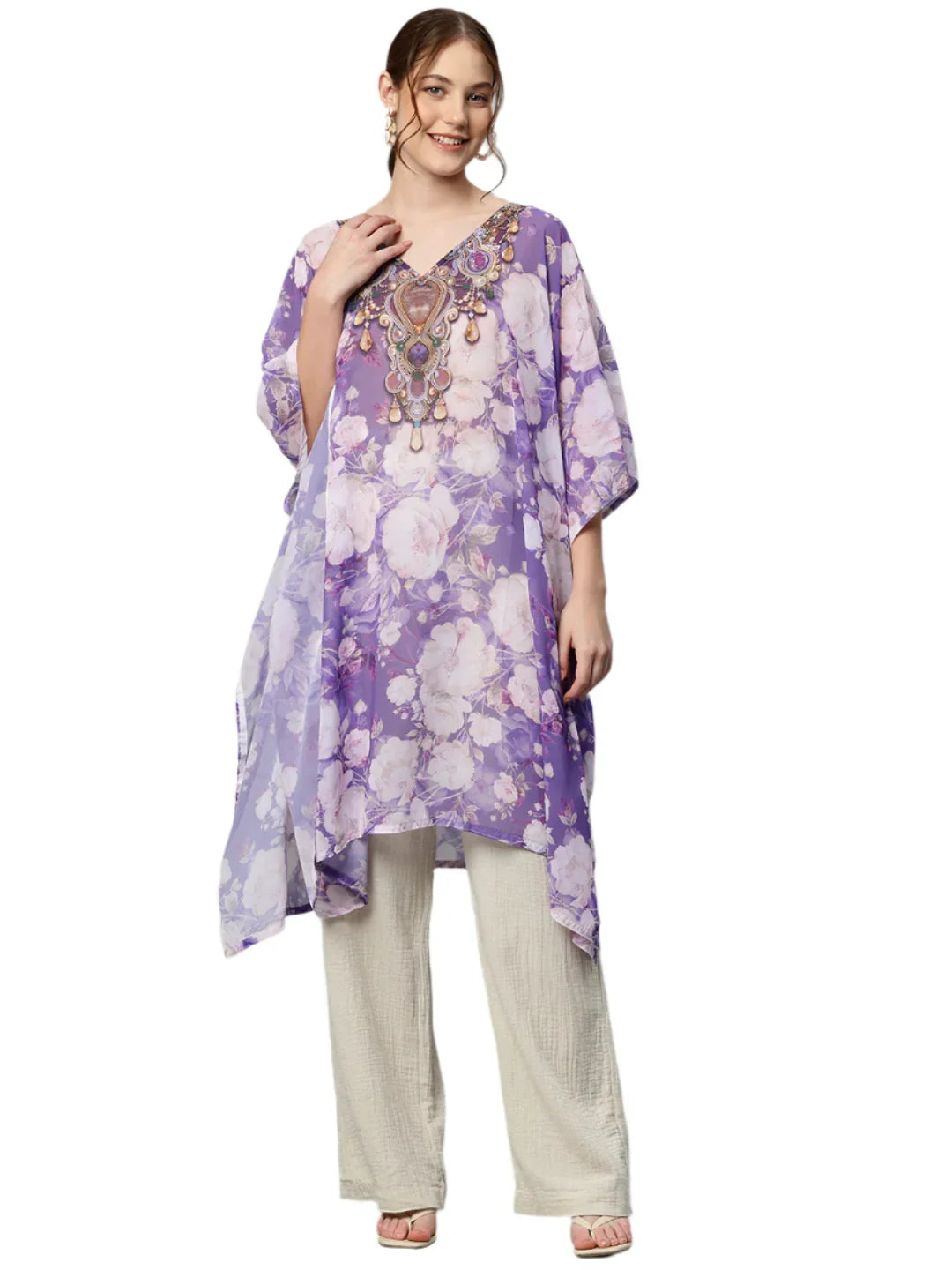 Women's vibrant digital print georgette kaftan — lightweight beach cover-up, free size M to 3XL