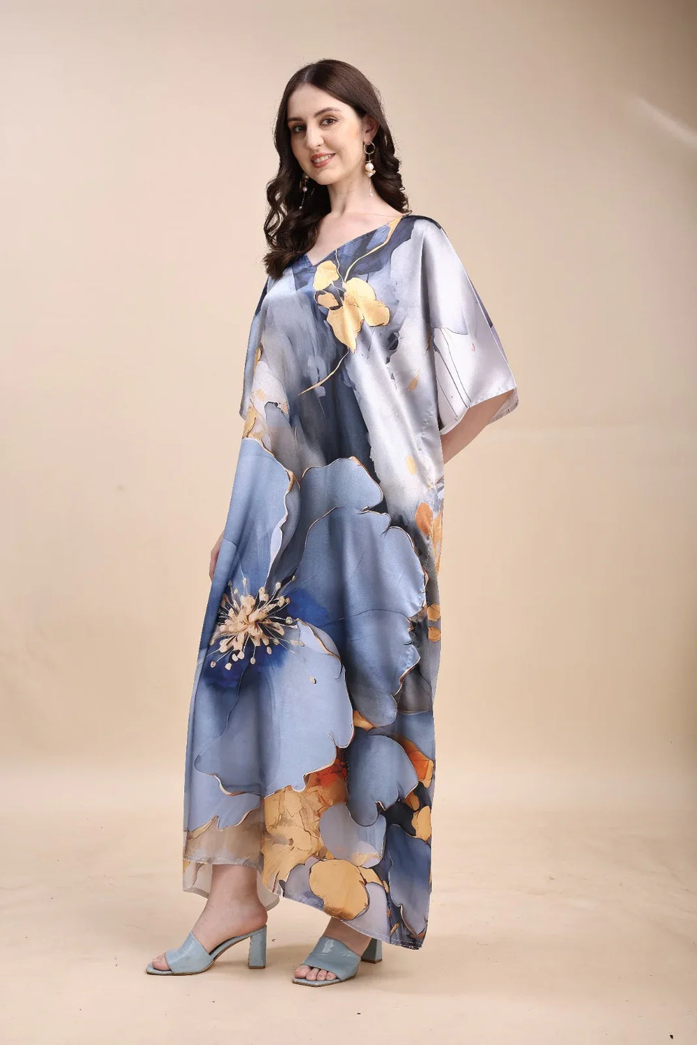 Model wearing printed V-neck georgette kaftan as beach cover-up – free size – SWI Stylish