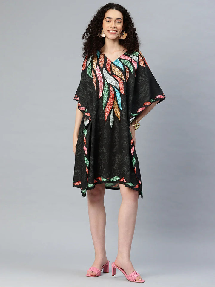 Women's printed georgette kaftan kurti — vibrant multicolour digital print, free size M to 3XL