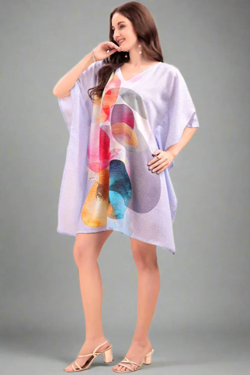 Women's printed georgette kaftan kurti with V-neck — vibrant digital print beach cover-up, free size