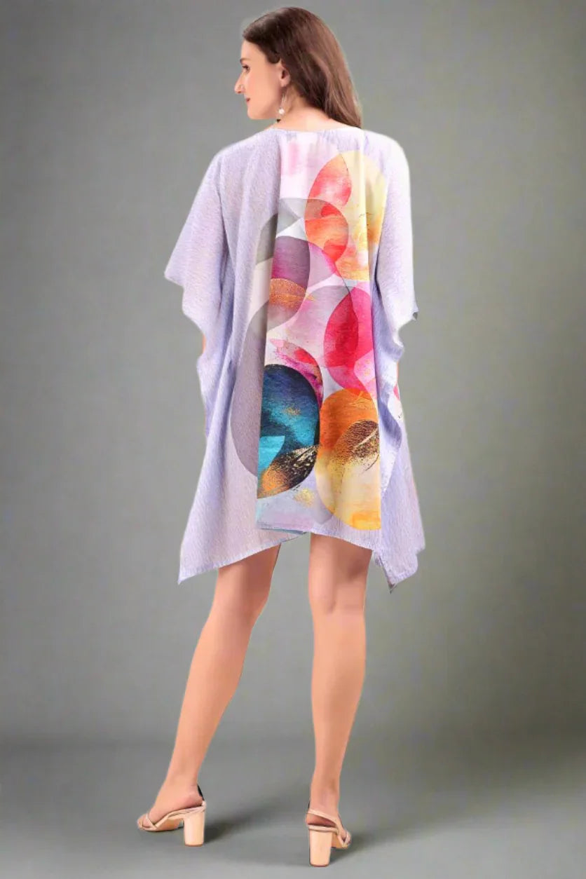 Women's short kaftan kurti back view — lightweight georgette digital print, M to 3XL free size