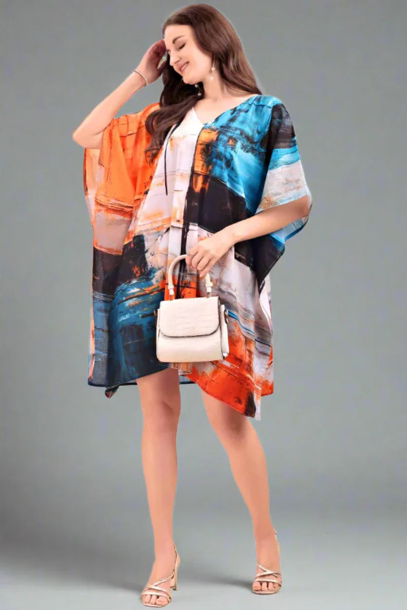 Women's printed georgette V-neck kaftan kurti in vibrant digital print — free size, fits M to 3XL