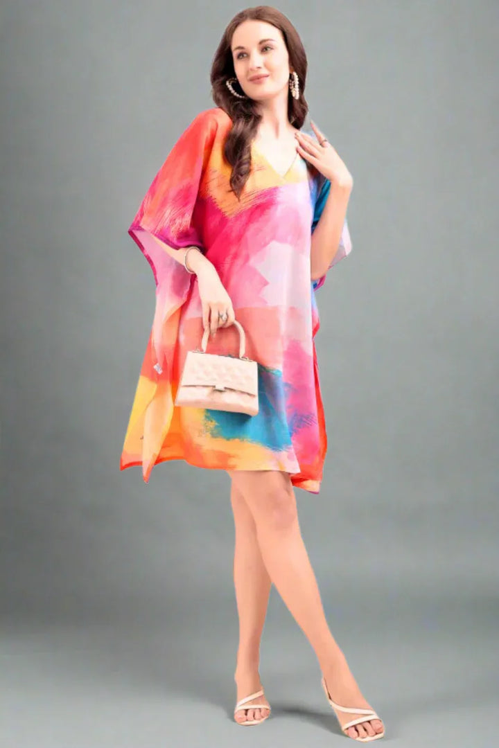 Printed georgette kaftan kurti – back view showing vibrant digital print and V-neck detail | SWI Stylish