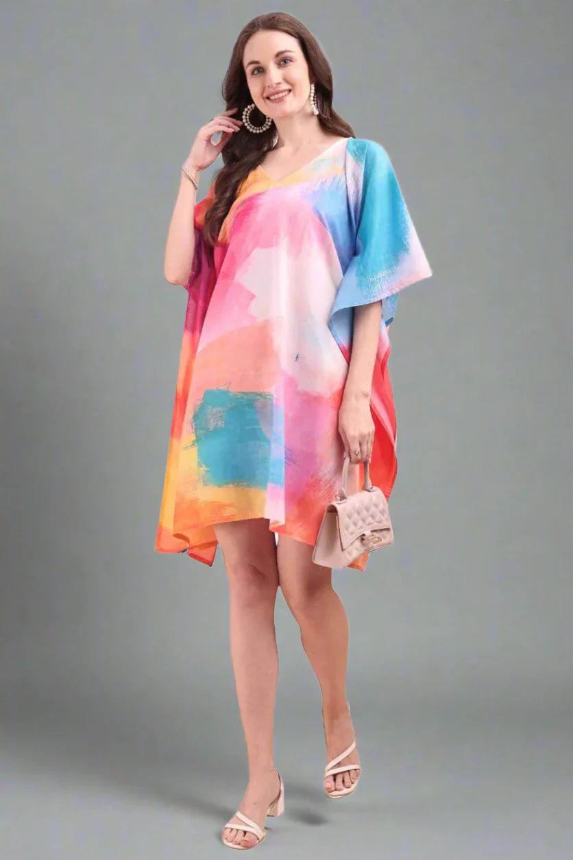 Women's printed georgette kaftan kurti with V-neck – vibrant digital print, free size M to 3XL – SWI Stylish