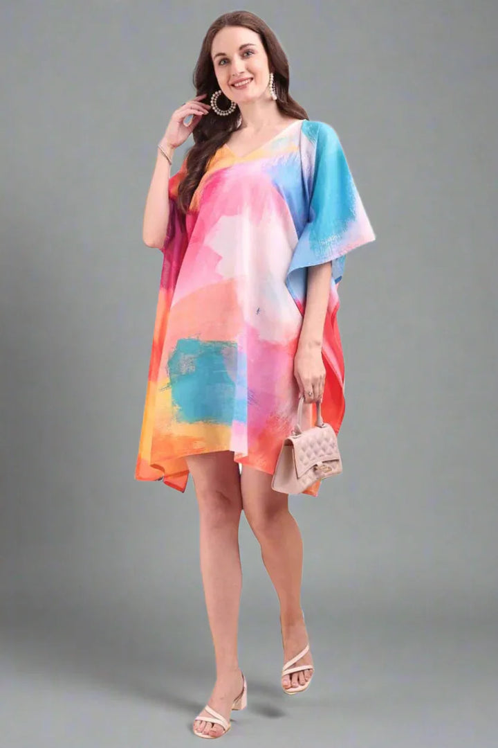 Women's printed georgette kaftan kurti with V-neck – vibrant digital print, free size M to 3XL – SWI Stylish