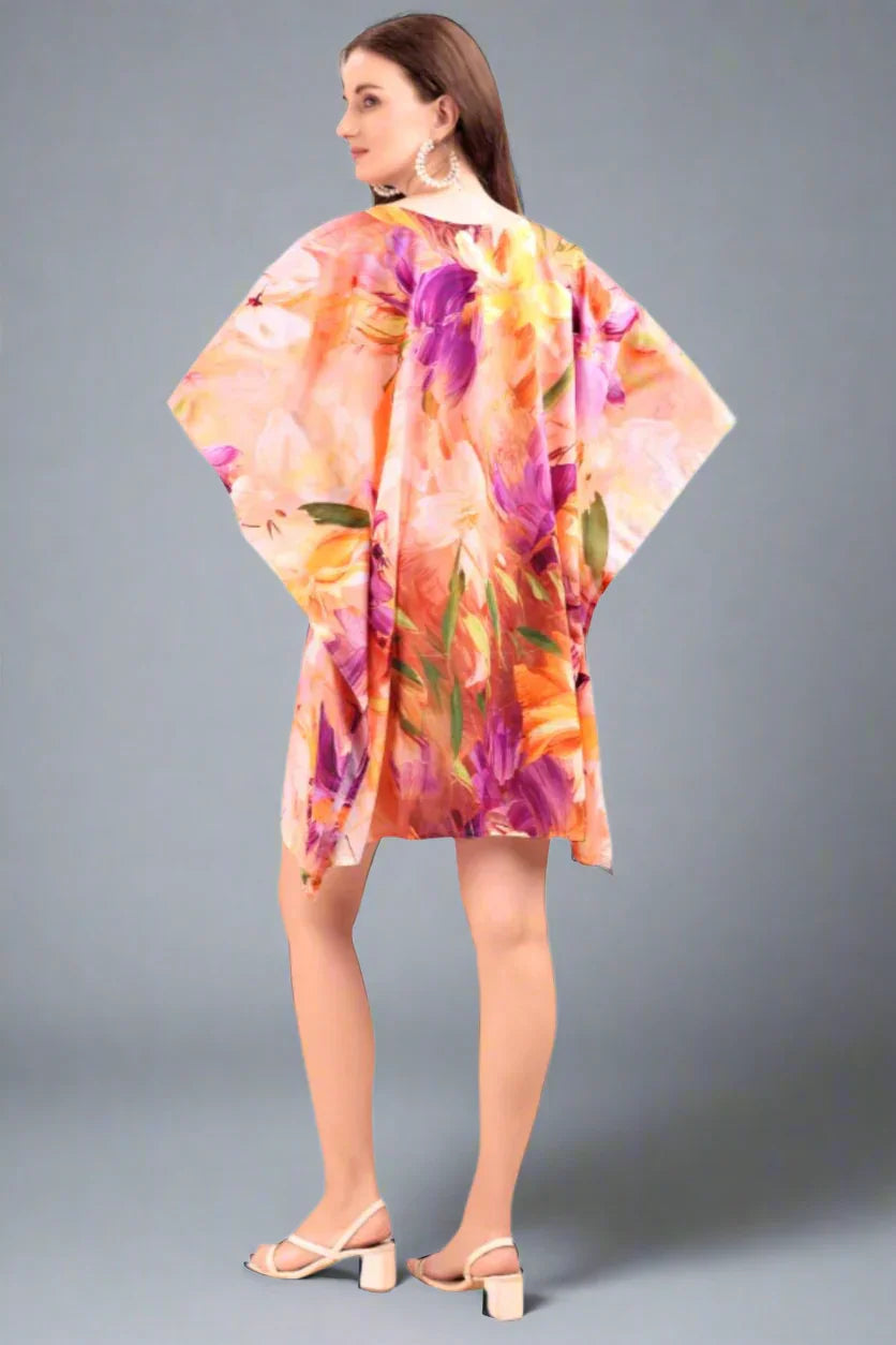 Back view of short printed kaftan kurti for women – relaxed free-size fit, colorful digital print