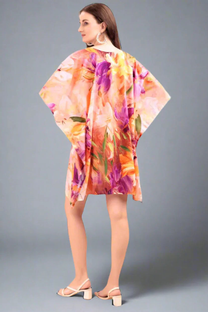 Back view of short printed kaftan kurti for women – relaxed free-size fit, colorful digital print