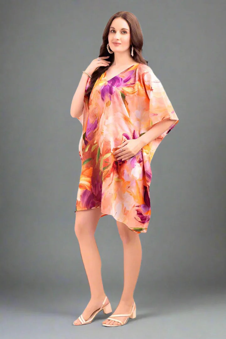 Side view of women's printed kaftan kurti in lightweight georgette fabric – beach cover-up style