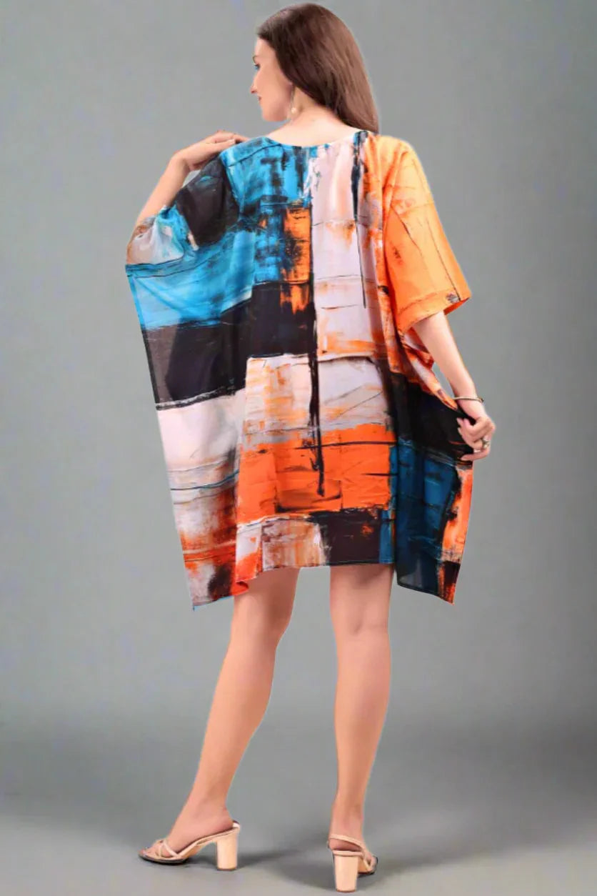 Printed V-neck short kaftan kurti — side view, lightweight georgette fabric, free size women's wear