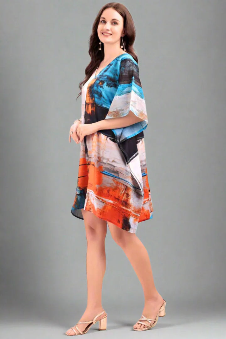 Women's short kaftan kurti — back view, vibrant digital print, beach cover-up, free size M to 3XL