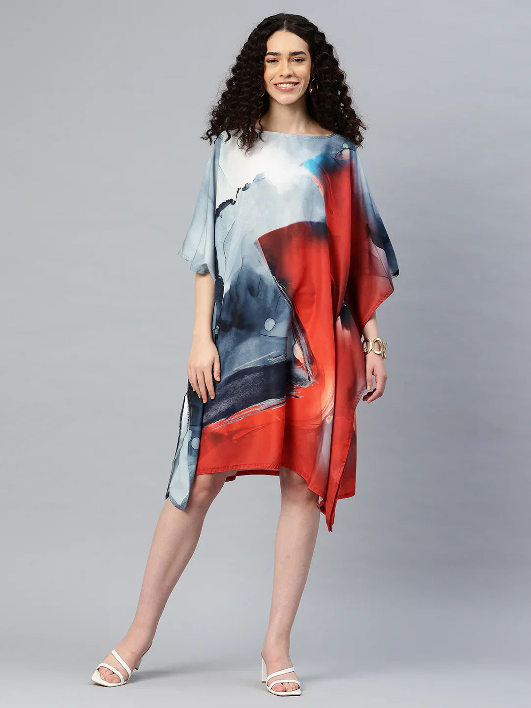 Women's printed georgette short kaftan kurti in vibrant multicolour print — free size M to 3XL