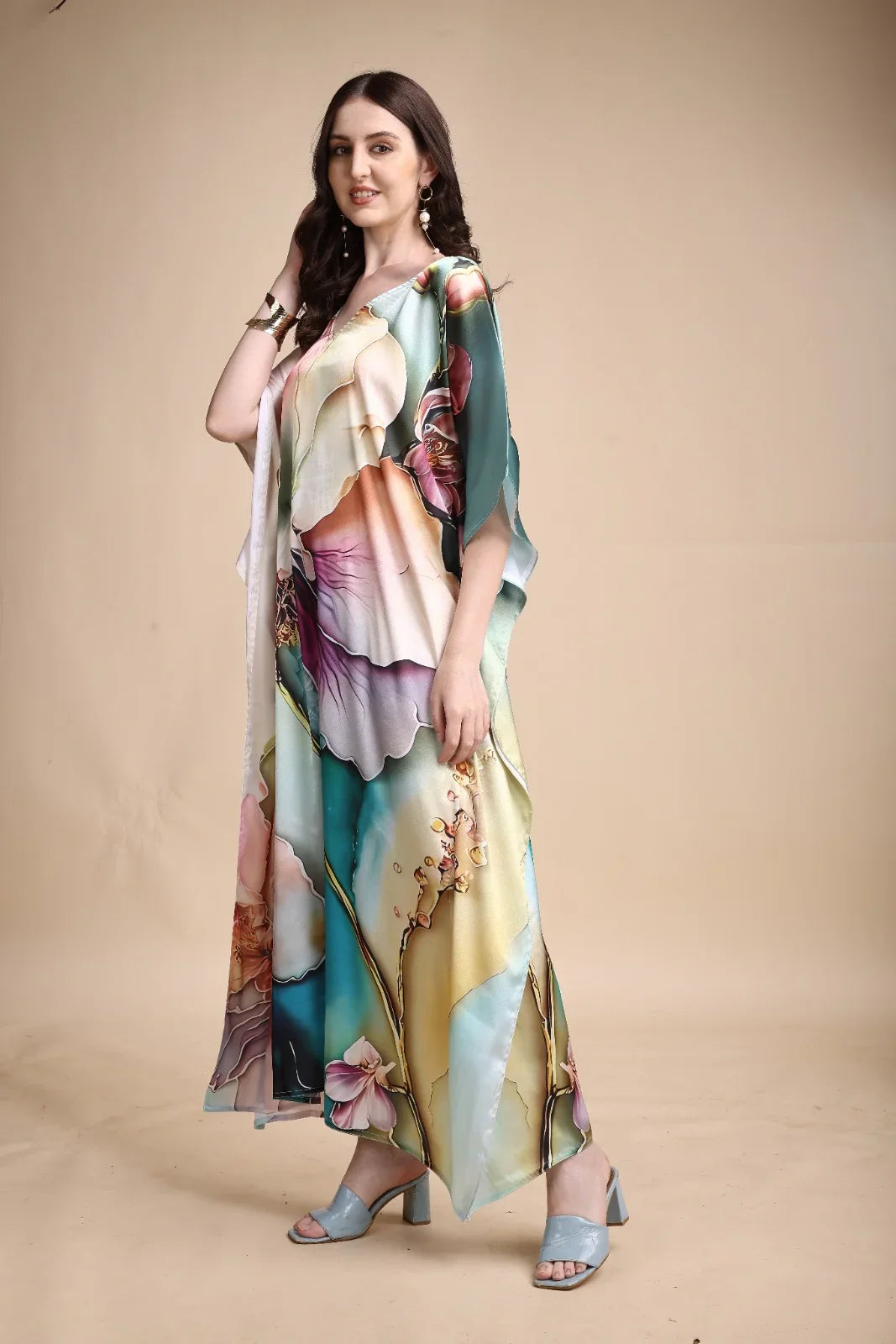 Women's printed satin kaftan – full length V-neck beach cover-up in vibrant floral print