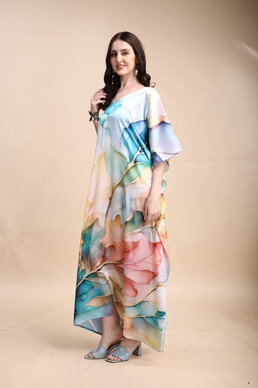 Women's long V-neck printed Georgette kaftan – side view – SWI Stylish