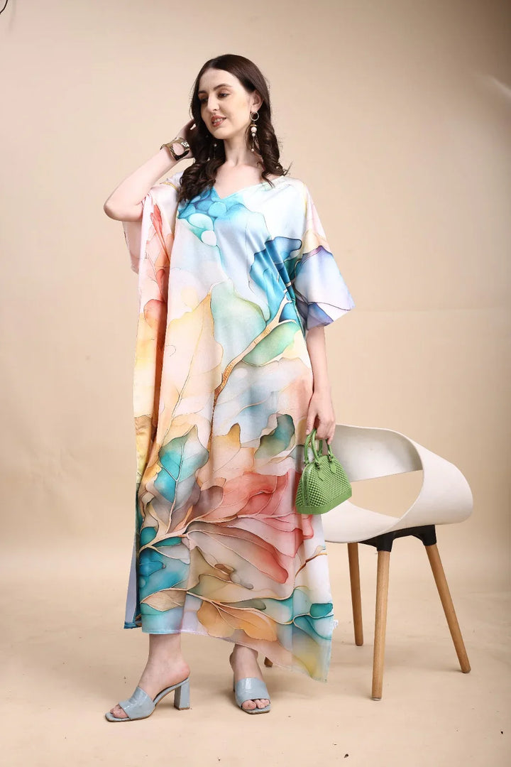 Women's printed satin kaftan full length front view – free size M to 3XL
