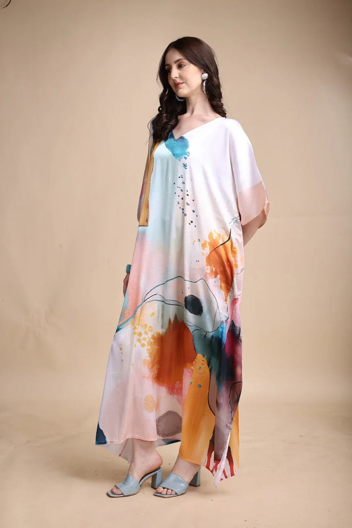 Women's Printed Satin Kaftan – V-Neck Long Beach Cover-Up, Free Size M to 3XL | SWI Stylish 2