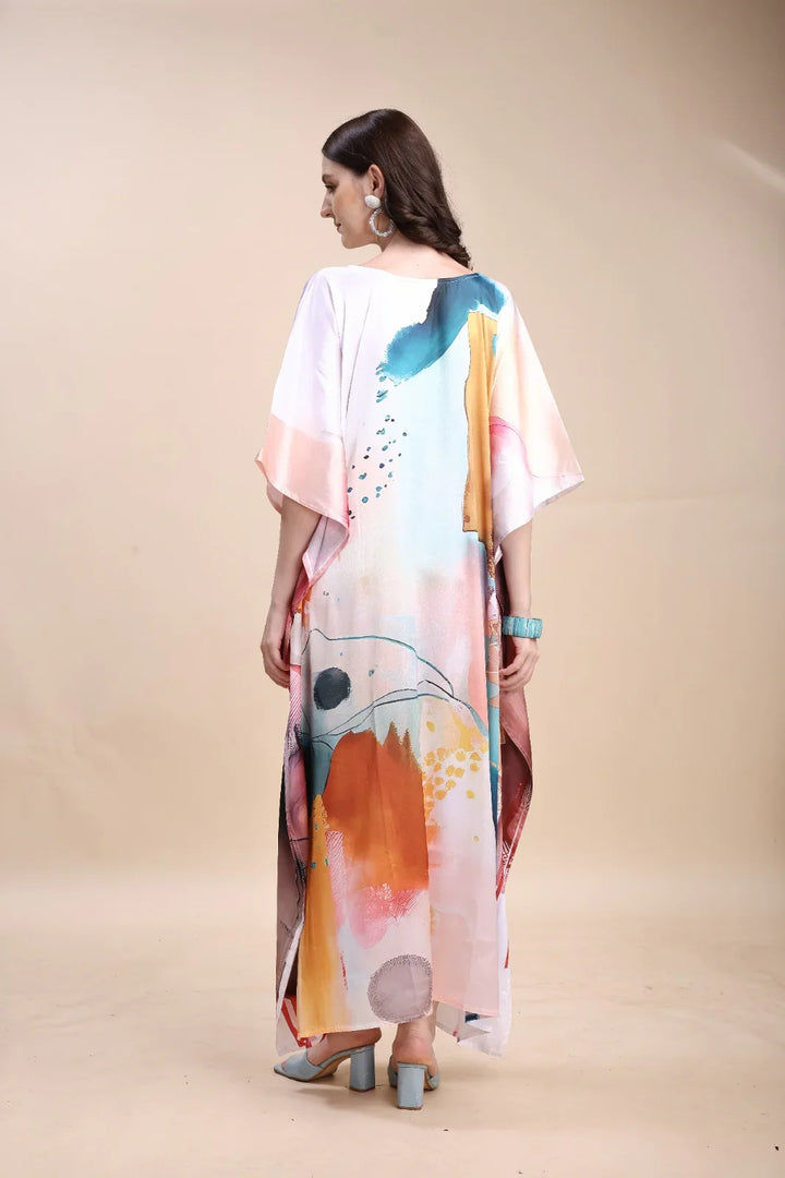 Women's Printed Satin Kaftan – V-Neck Long Beach Cover-Up, Free Size M to 3XL | SWI Stylish 3