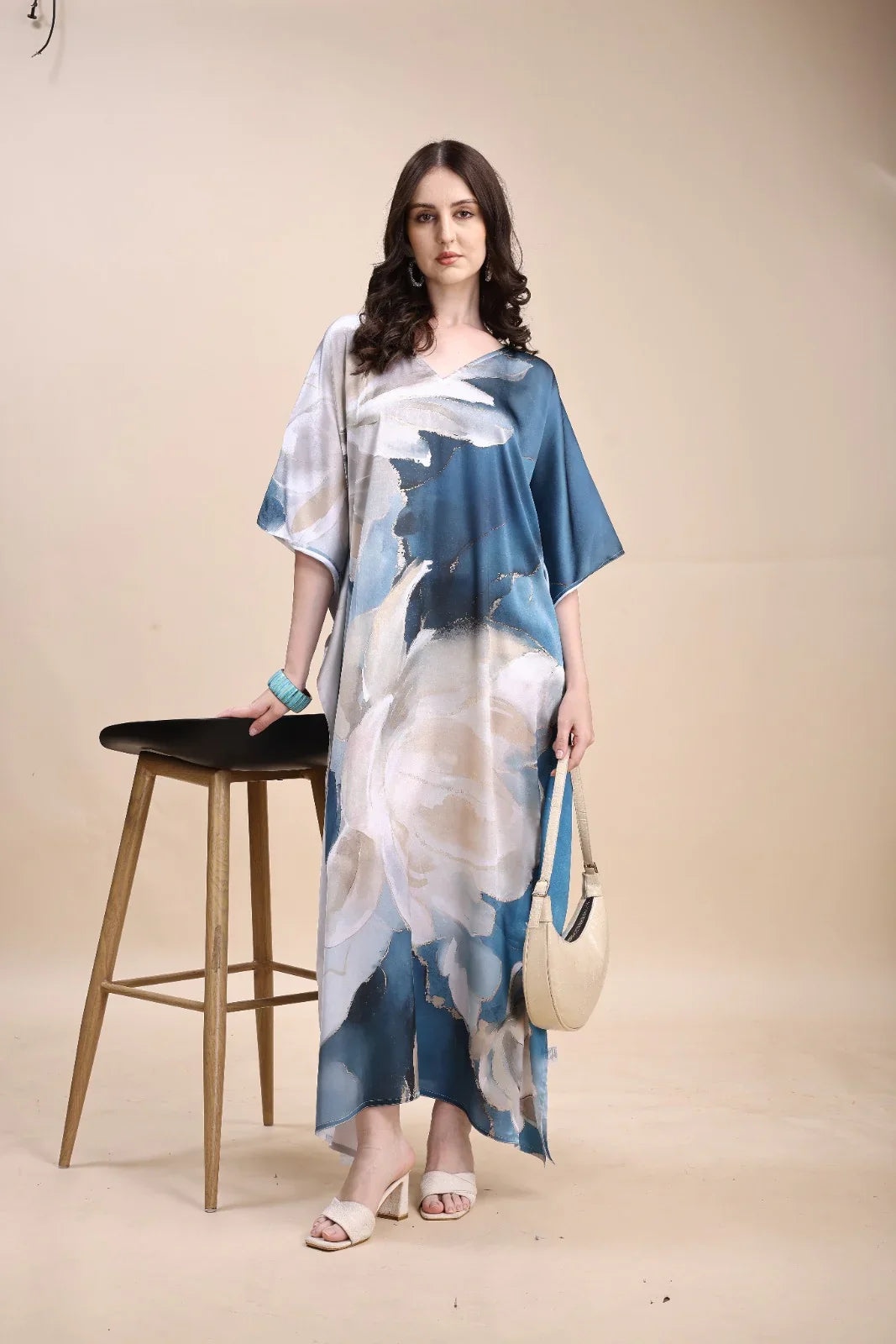 Women's printed satin V-neck long kaftan dress – maxi lounge wear