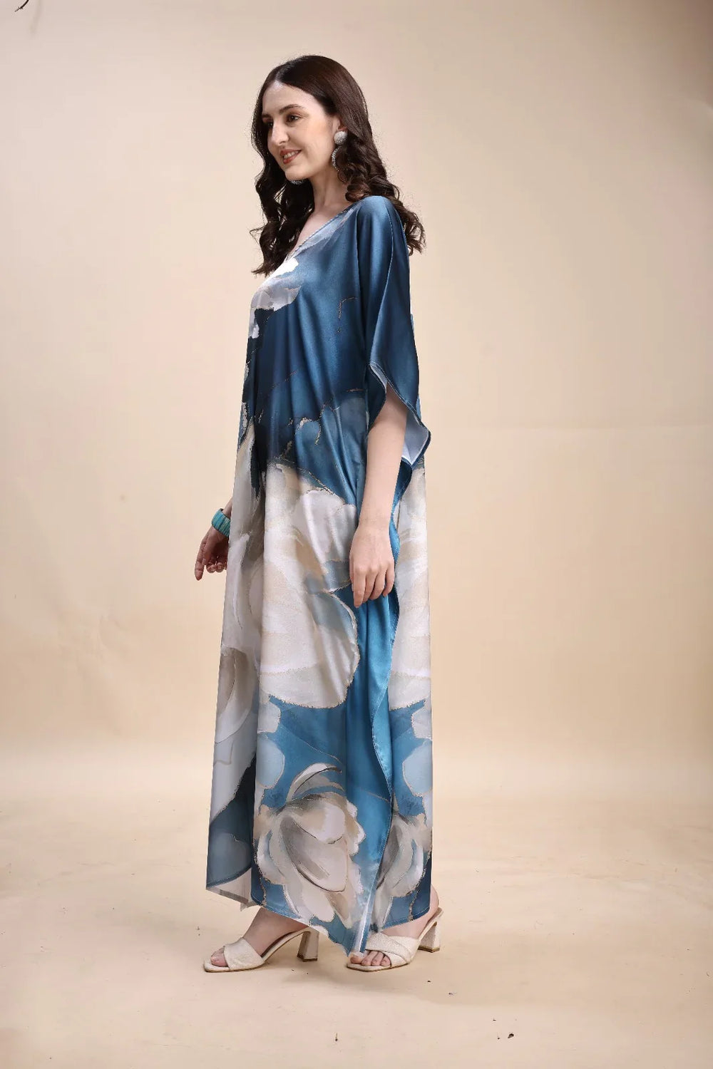 Women's printed satin V-neck long kaftan dress – maxi lounge wear 2